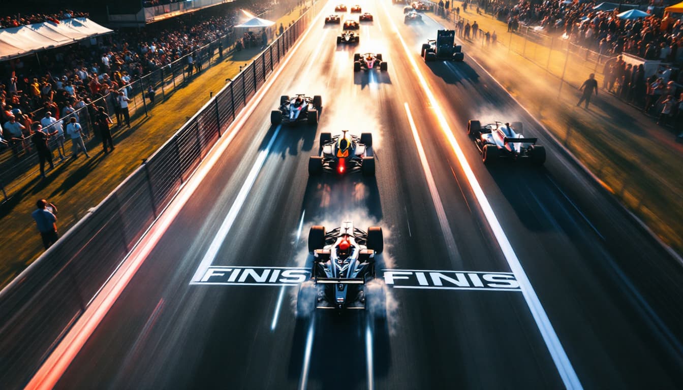 AI generated:  The wide track is well lit by sunlight.  Tension is increasing. FINISH Transpost over a wide race t...