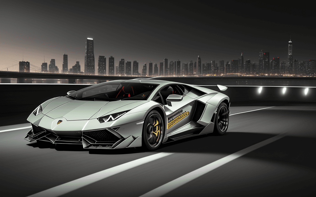 AI generated: professional photo of Lamborghini sports car in motion, tuned, need for speed, shiny metal, city in ...
