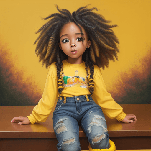 AI generated: oil painting african american babygirl with bounce curly locs setting on the table wearing a yellow ...