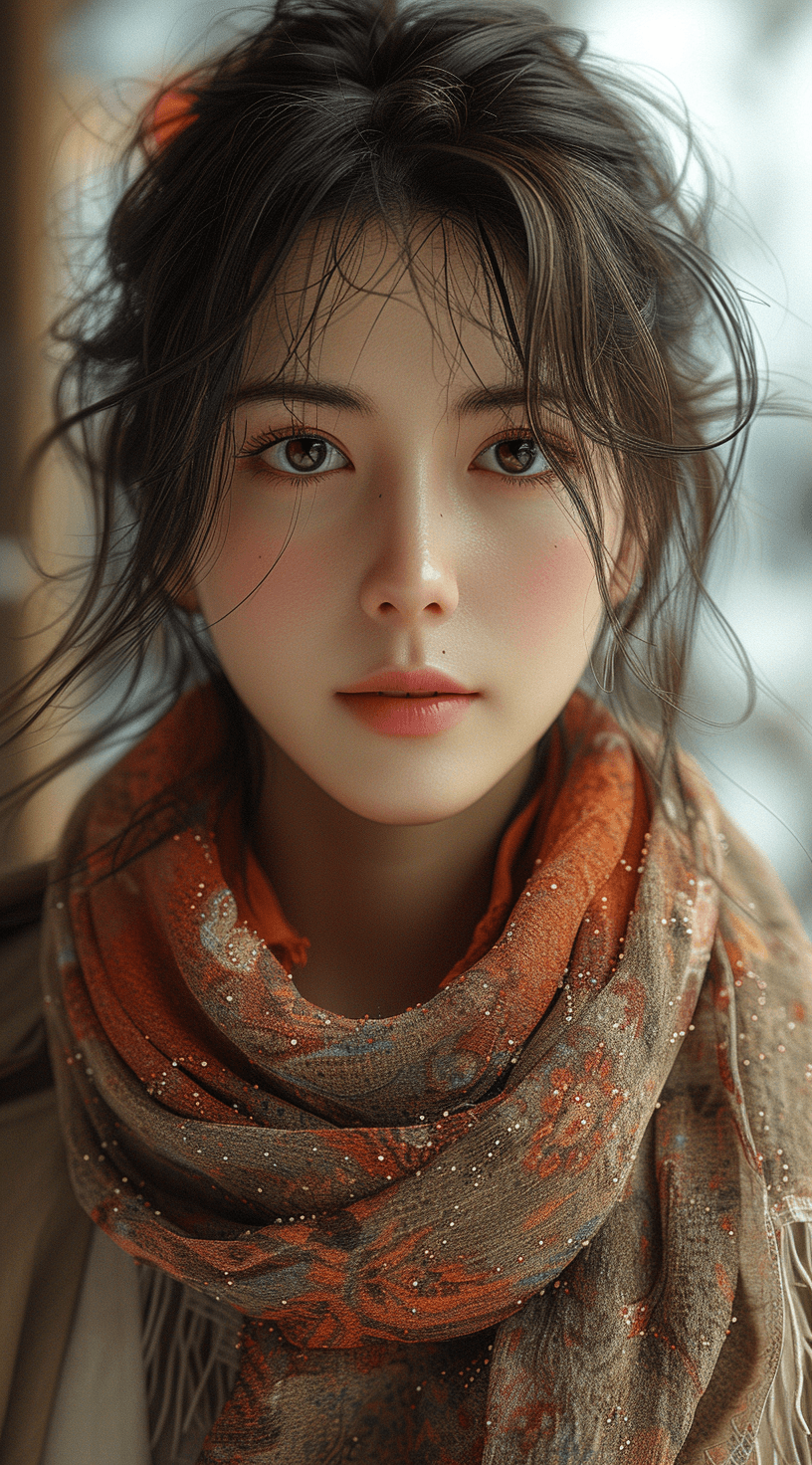 AI generated: a woman is wearing a scarf and a coat, in the style of unreal engine, calm and serene beauty, miwa k...