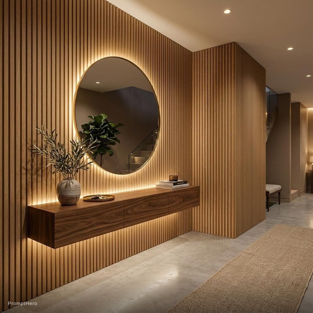 AI generated: "A photorealistic, atmospheric rendering of an L-shaped foyer. The long main wall features extensive...