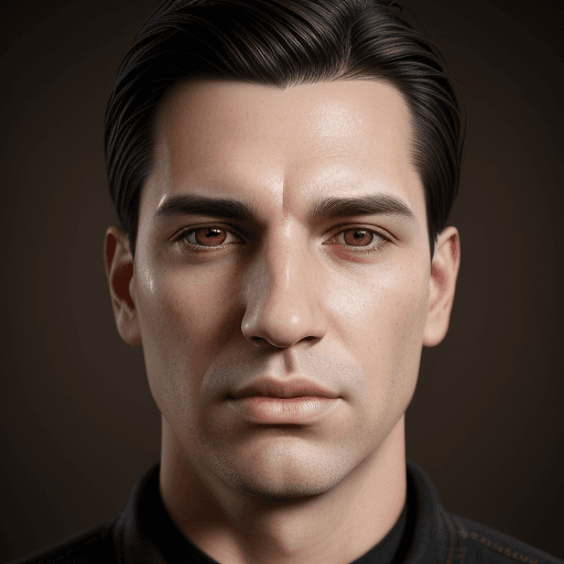 AI generated: A portrait of a man, close up , dark hair with light roots, big nose, brown eyes clean shaven , face...
