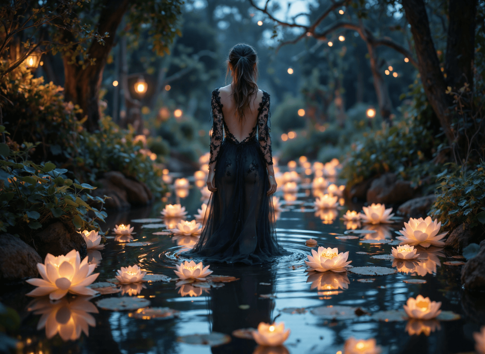 AI generated: The image depicts a serene and enchanting scene set in what appears to be a mystical garden or fores...