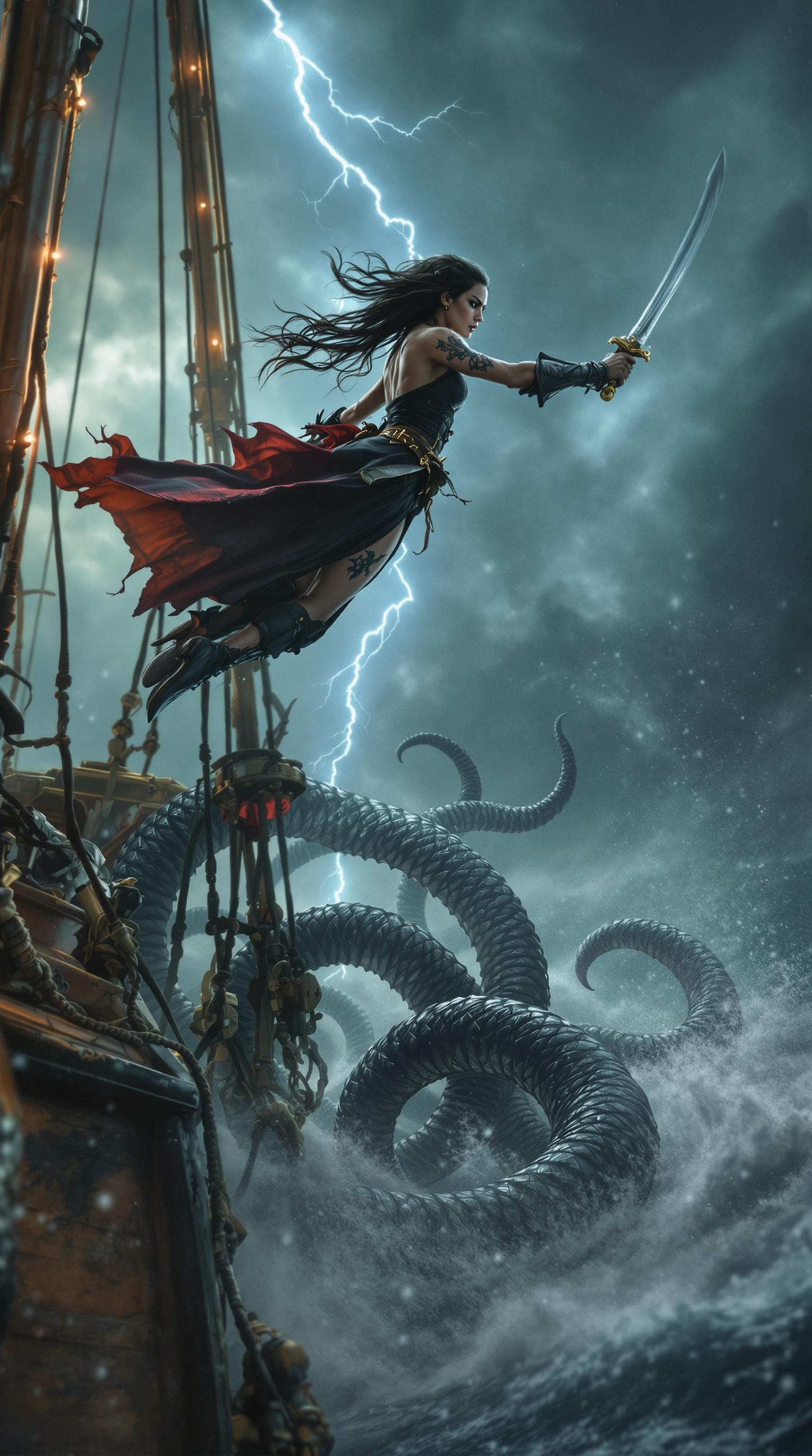 AI generated: Movie quality Side view Action scene: Amidst the tempestuous Caribbean sea, a beautiful but fierce a...
