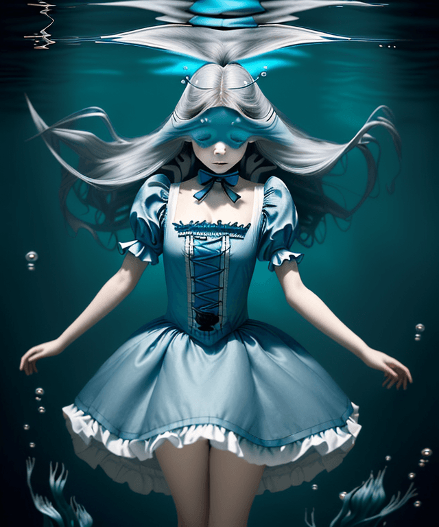 AI generated: Please create a depiction of an adult version of Alice from "Alice in Wonderland" wearing her classi...