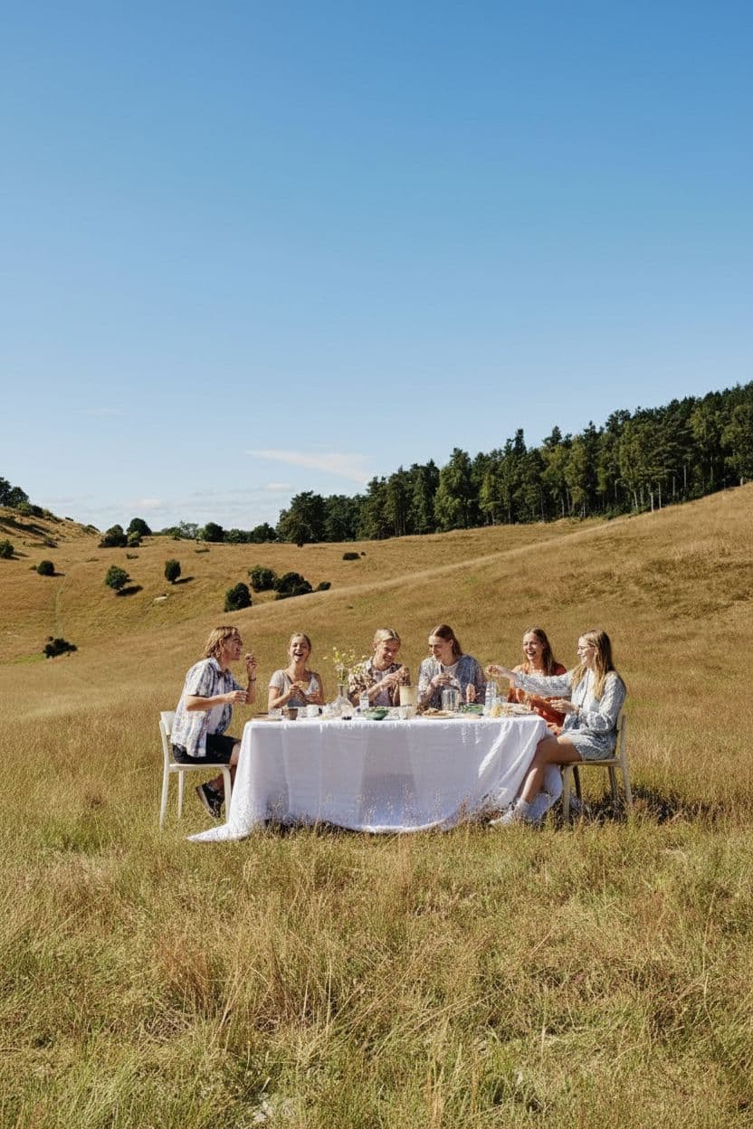 AI generated: Image exactly like the reference one but with young people having fun instead. Also make it horizont...