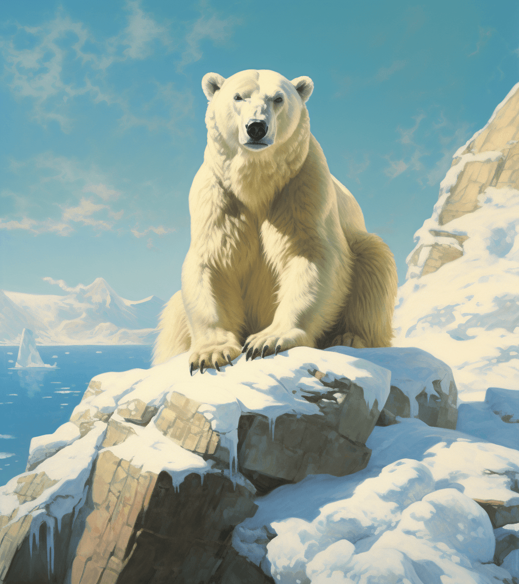 AI generated: a recreation of the artist james thurston's painting of a polar bear, in the style of bernie wrights...