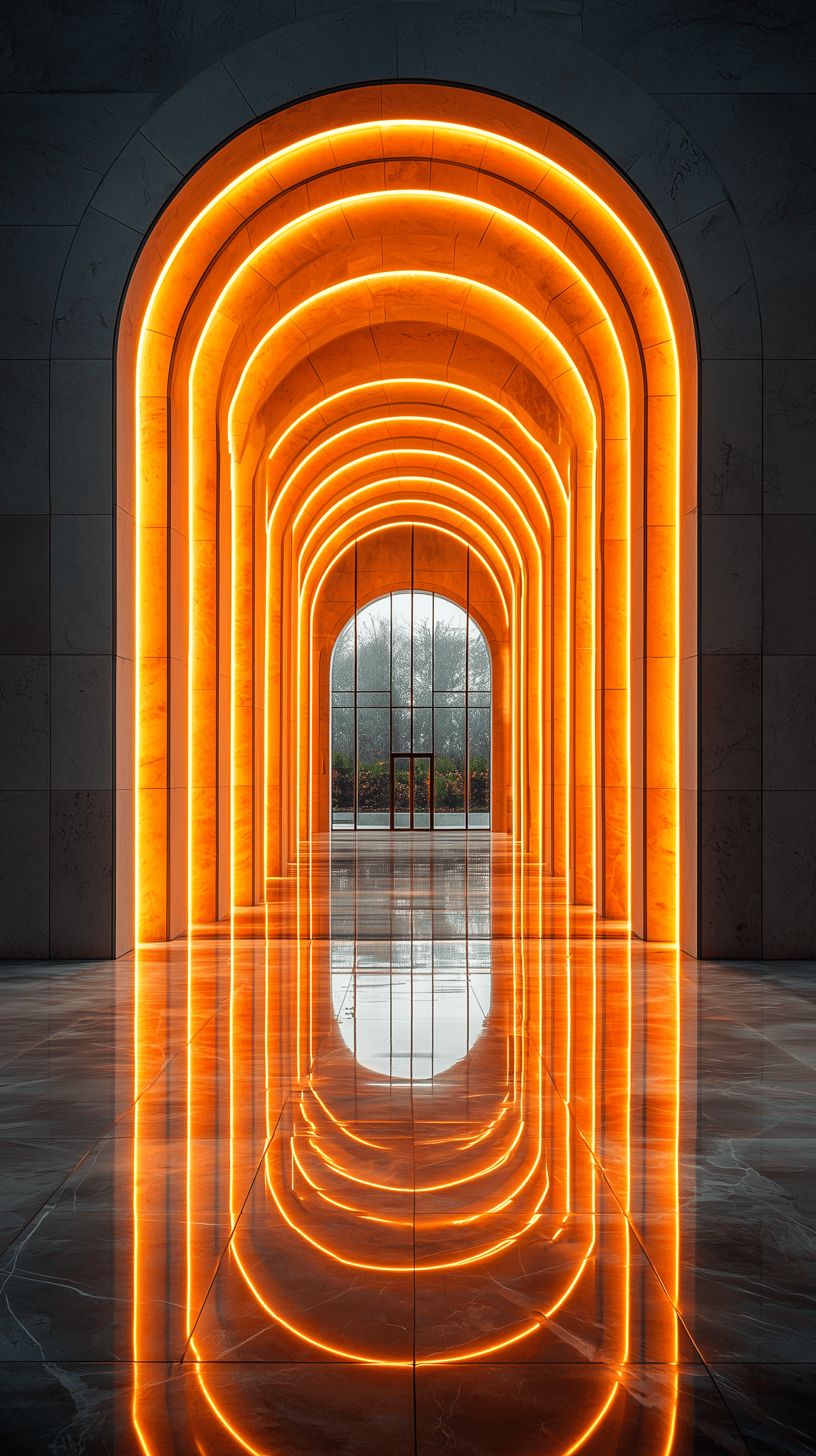 AI generated: modern minimalist, architectural photography, illuminated grand entrance with curved light panels fo...
