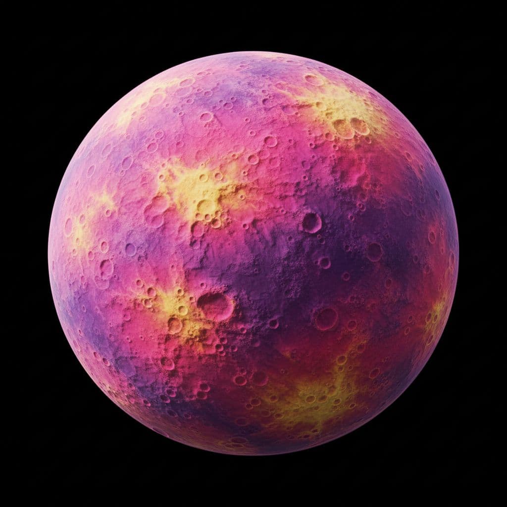 AI generated: A Pink, Purple and Yellow sandy planet floating in space with craters 