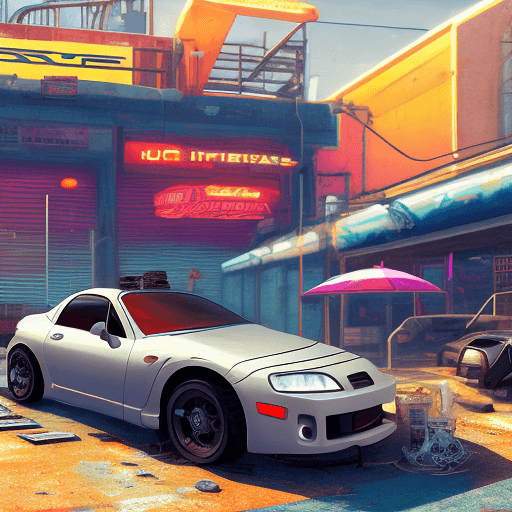 AI generated: cyber punk mechanical orange honda integra dc5 next to silver 1995 mazda mx5-na, in beautiful beach ...