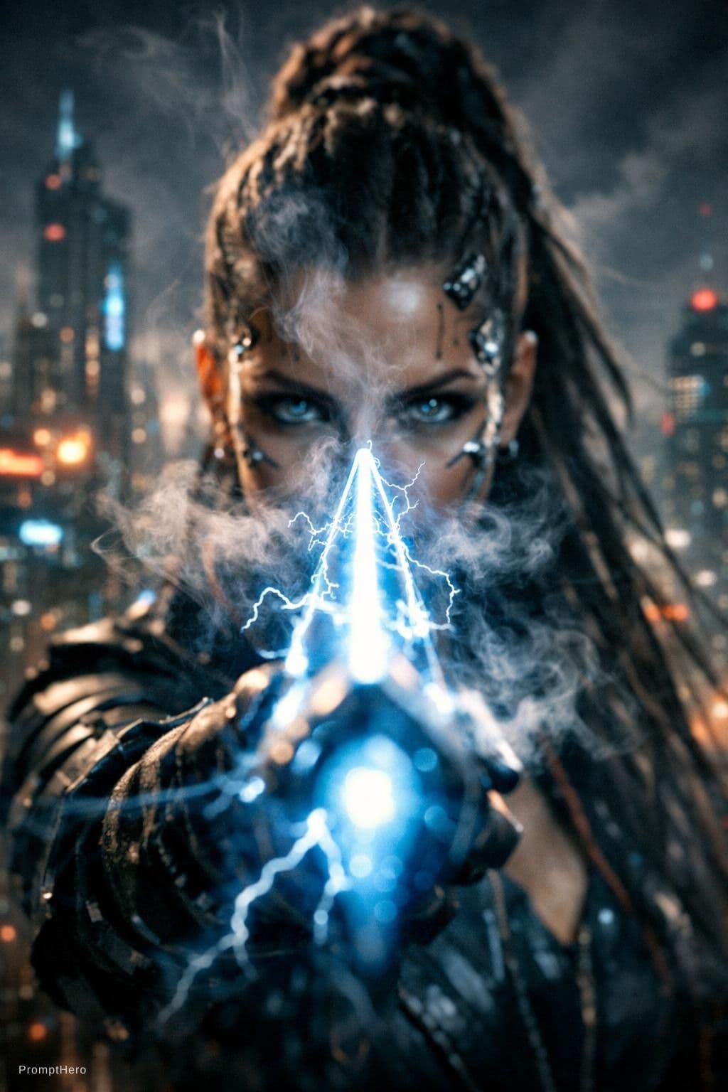 AI generated: Dramatic-epic science fiction scene: You look directly at the tip of the neon-lit blade enveloped in...