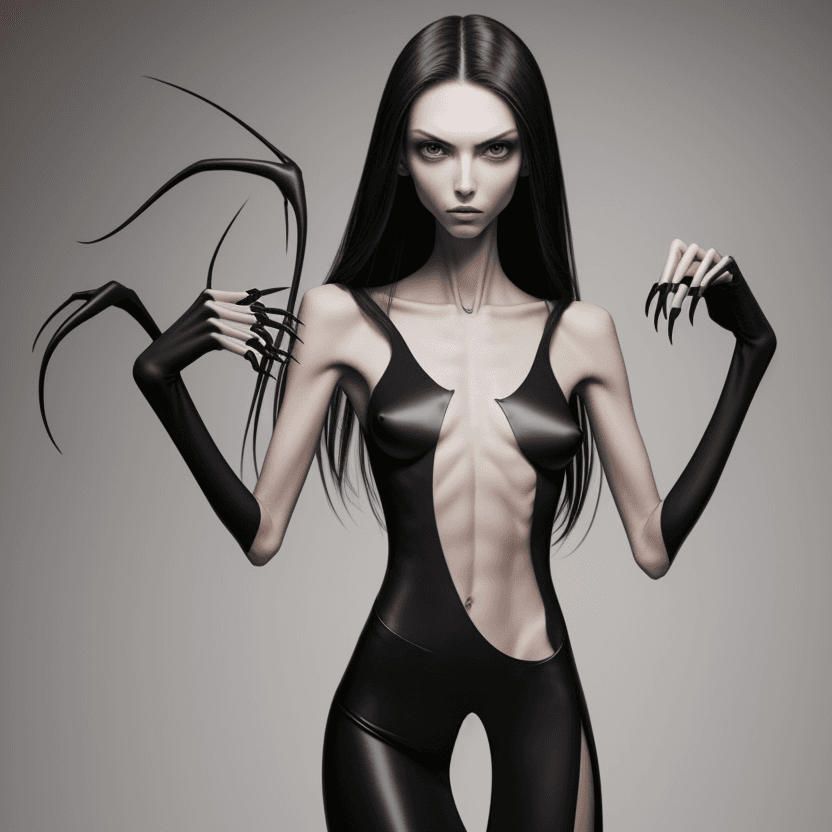 AI generated: photo of face an extremely skinny, flat-chested models with long black curved fingernails, claws,