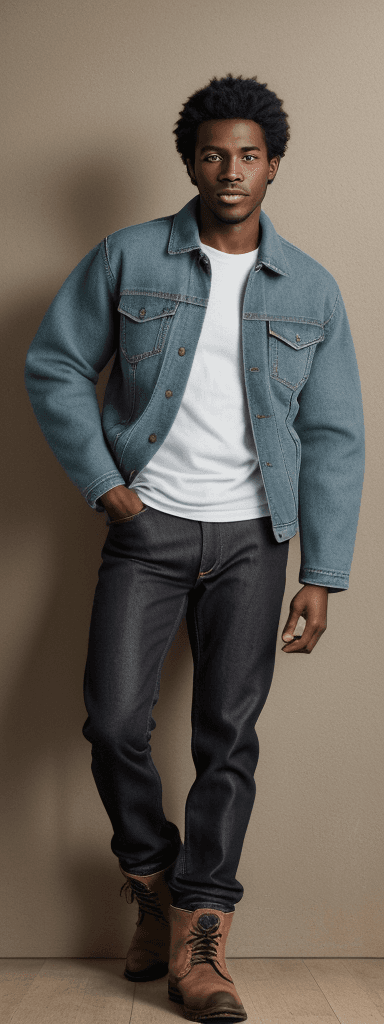 AI generated: Very realistic photograph of open wool, black male, 25 years old, looking at camera, blue jacket wit...