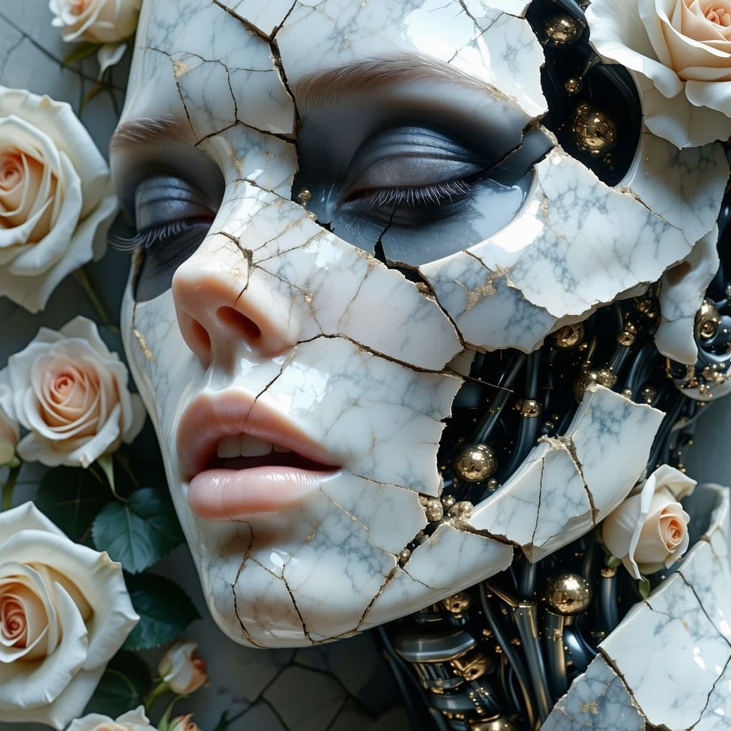 AI generated: Death of a beautiful humanoid female,  close up of a broken android, digital art, cracked porcelain ...