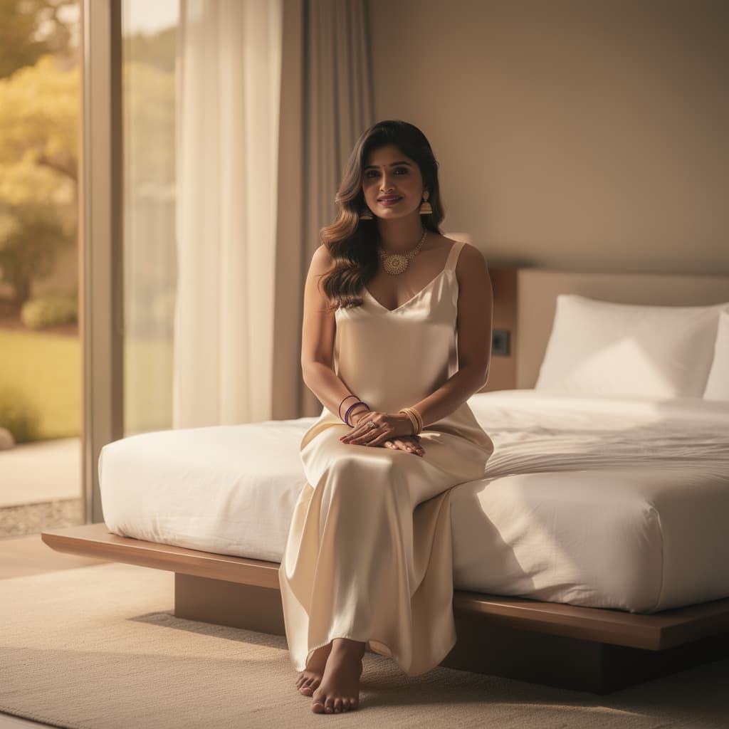 AI generated: In a tranquil minimalist bedroom, a poised woman sits on a low modern platform bed, serene and self ...