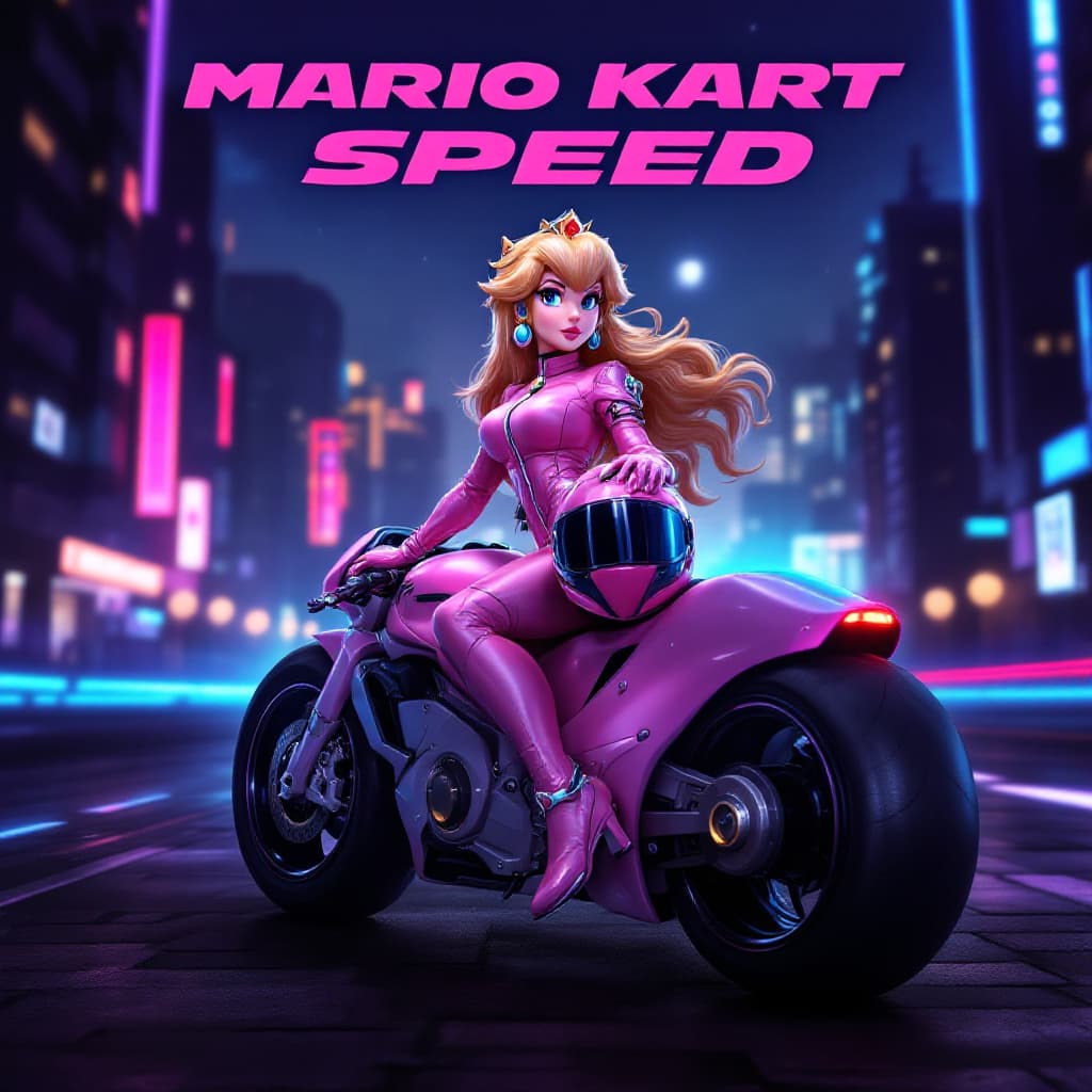 AI generated: A stunning, ultra-realistic illustration of Princess Peach on a sleek pink Mario Kart-style racing b...