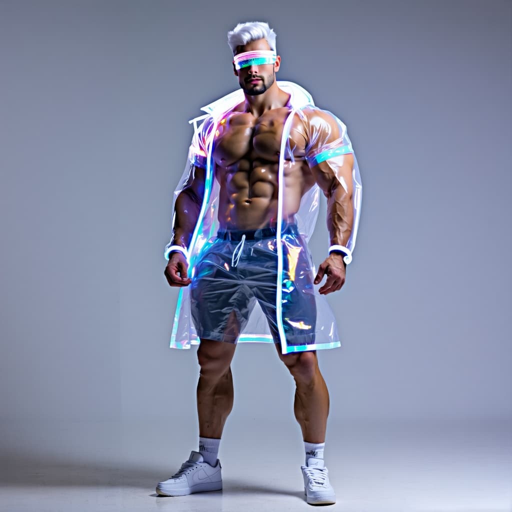 AI generated: an attractive muscle man with the power to nullify all other powers wearing a transparente coat with...