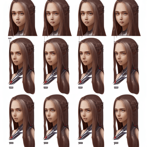 AI generated: Character sheet，Girl with long hair，Multiple poss and expressions，Highly detailed，Depth，Many parts -...