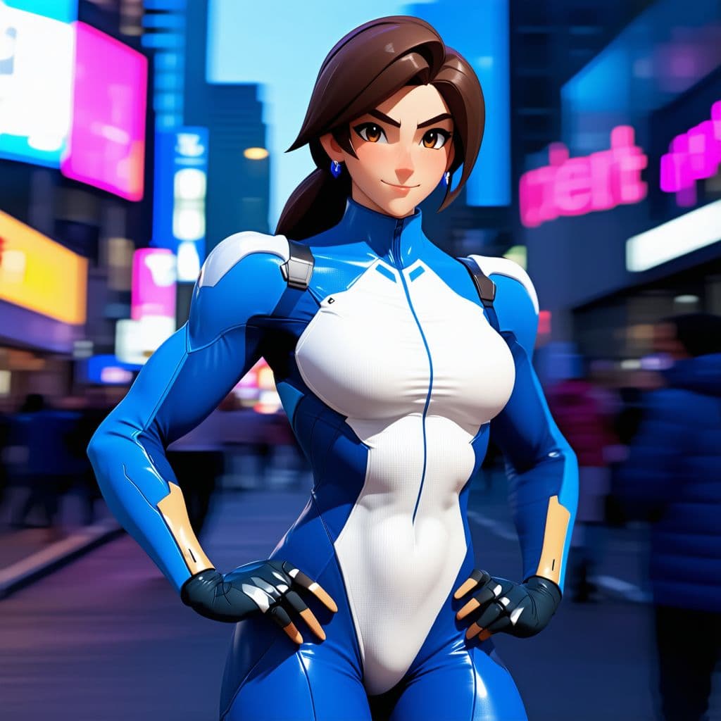 AI generated: Create an action shot of Dva from the Overwatch game, wearing a blue and white spandex bodysuit. Per...
