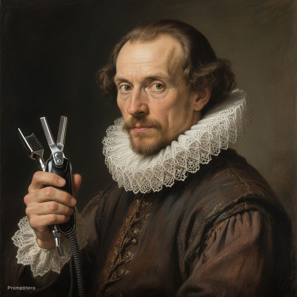 AI generated: Dutch Golden Age portrait,of a man holding hair clippers 17th century. dark background, white lace r...
