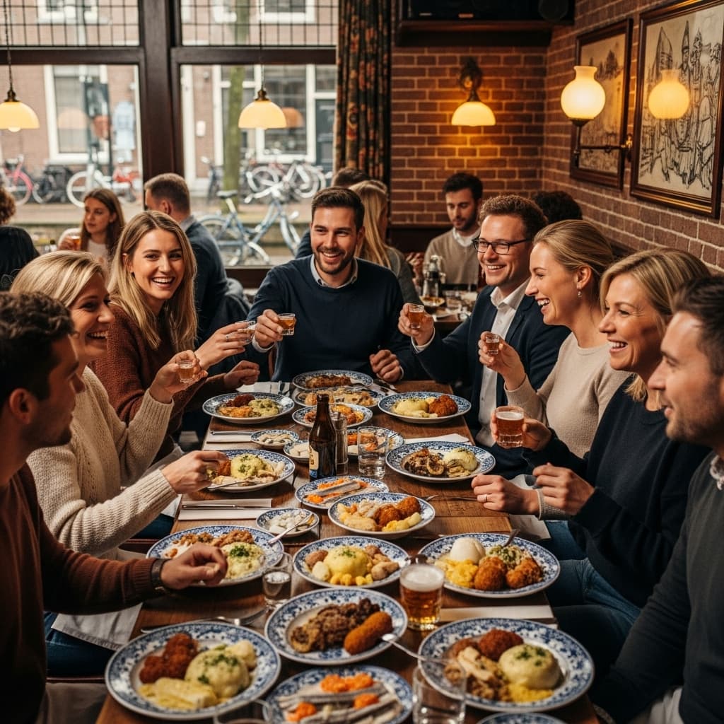 AI generated: hyper photorealistic image of a full table of cheerful customers having conversations in a dutch res...
