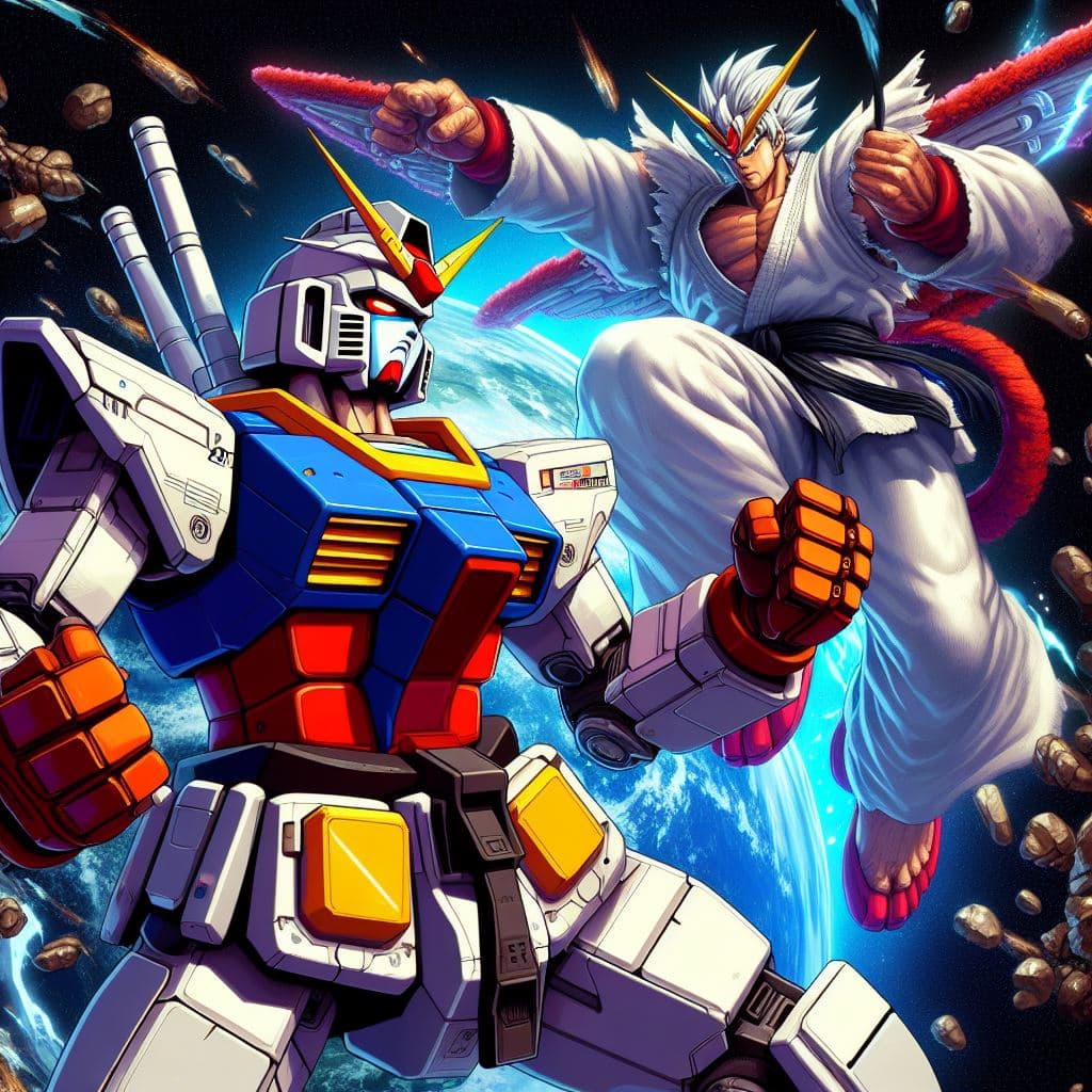 AI generated: Gundam en el videojuego de Street fighter, pelea contra Ryu en videojuego 2d, masterpiece