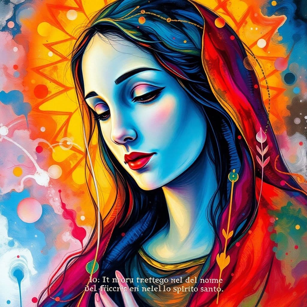 AI generated: An exquisite alcohol ink portrait of THE VIRGIN MARY, featuring a multitude of vibrant colors and sw...