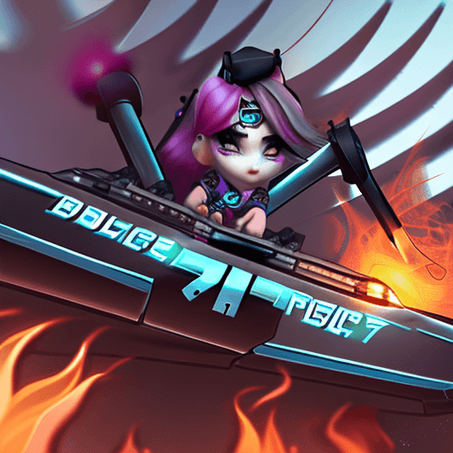 AI generated: Jinx, on top of a police car, explosions behind her, fire, chaos, minigun, far view, bullet hell, <l...