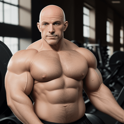 AI generated: photography, dynamic range, in the gym, 
professional bodybuilder man, bald, older, speedo