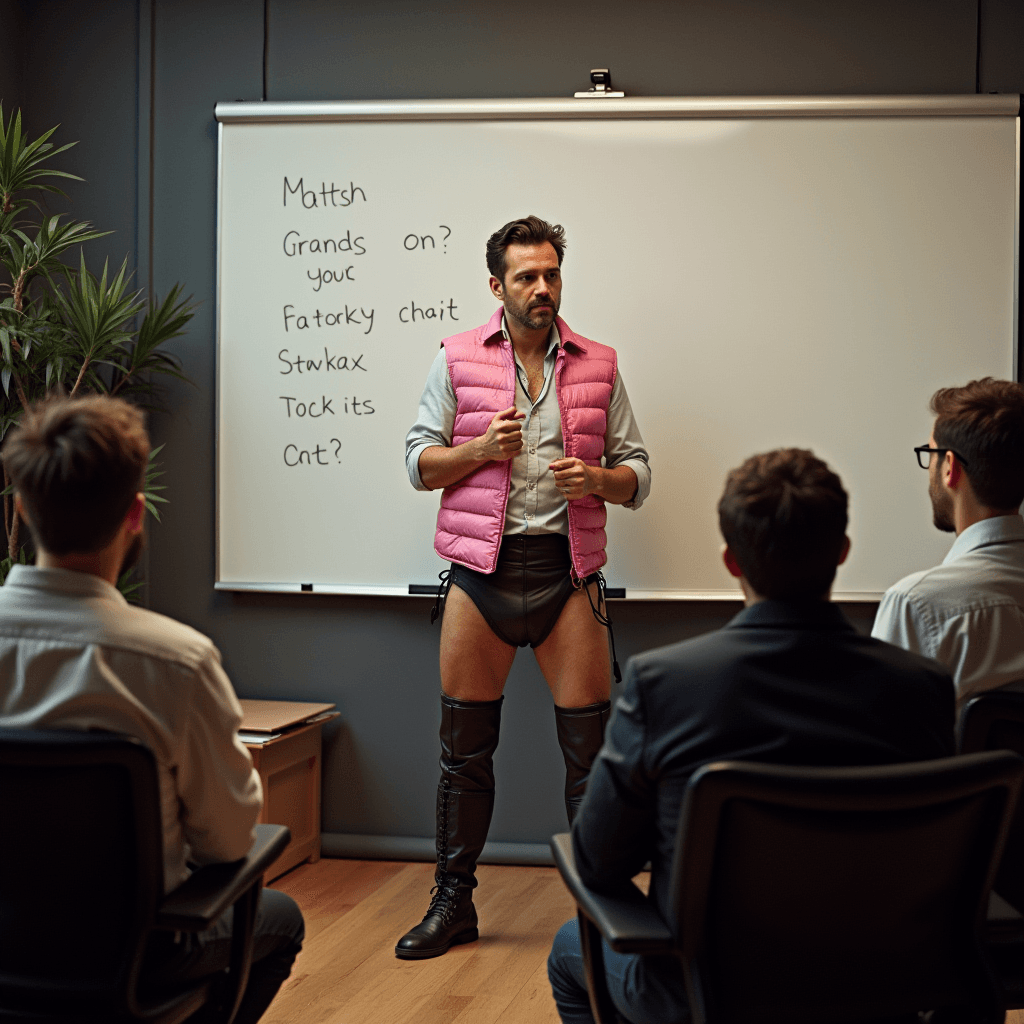 AI generated: The director, showing on the white board, teaches his employees in an office, director is wearing a ...