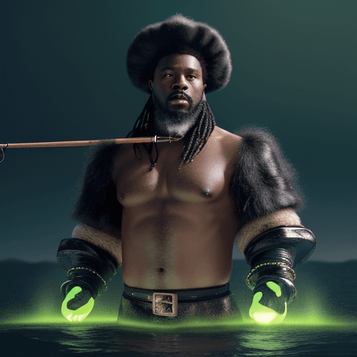 AI generated: black man in 1524 dressed in fur and cow skin finds meteorite while fishing, the green glow cast on ...