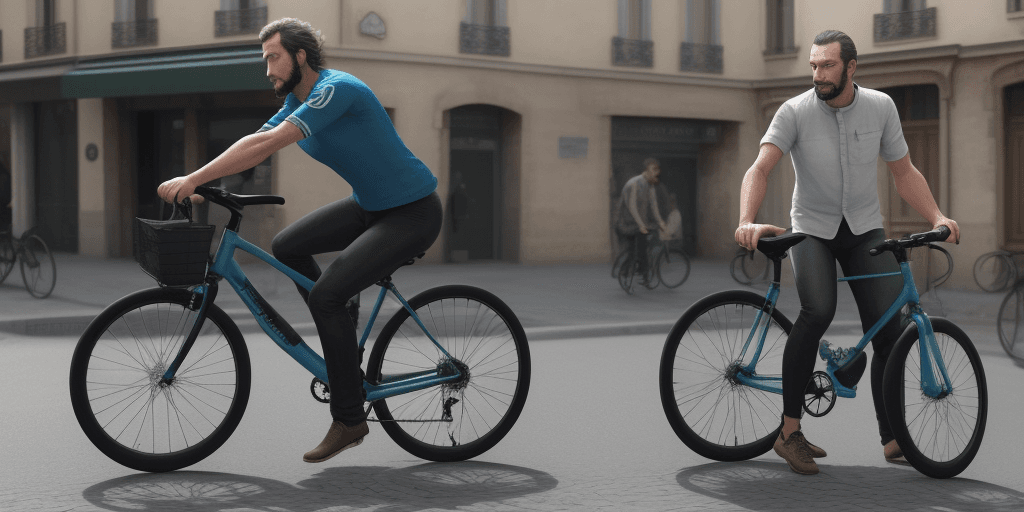 AI generated: Photo of a ultra realistic un homme se deplace sur une etrange bicyclette a 3 roues et gros pneu
