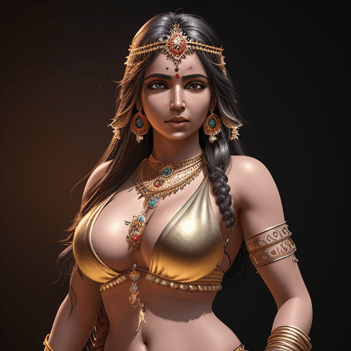 AI generated: fantasy Indian goddess, gold jewelry large crown, mini bikini, tank top, busty, full body, blue colo...