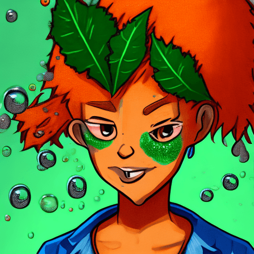 AI generated: a human with orange hairs and clothes, with bubbles on the clothes and with a green leaf on the head