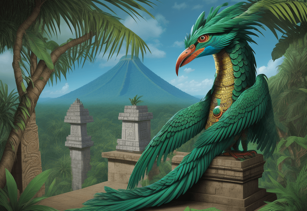 AI generated: create an image of a quetzalcoatl attached to the Mayan sculptural interpretation, based on a quetza...
