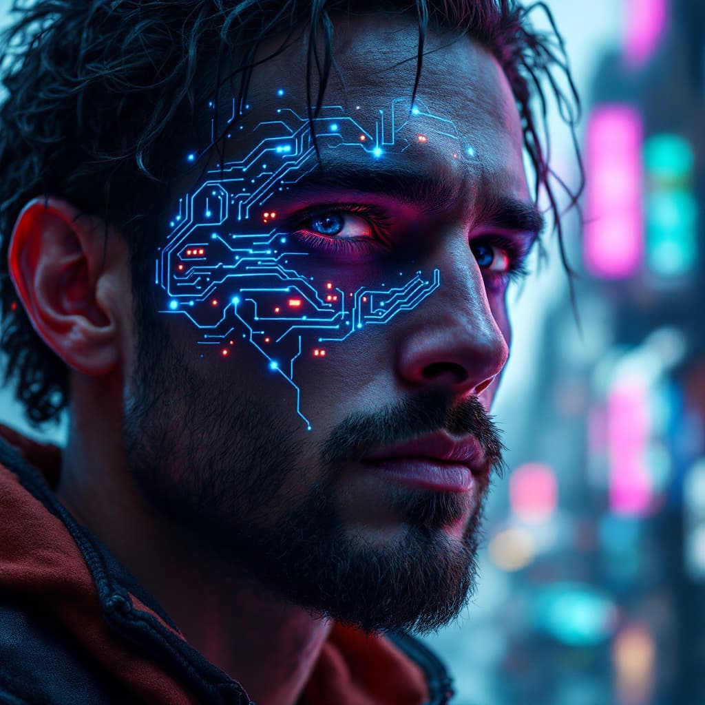 AI generated: A cyberpunk hacker with neon-blue glowing circuits on his face, futuristic city background, 4K ultra...