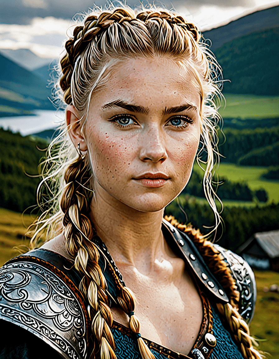 AI generated: A waist-up portrait of a young beautiful Viking girl, natural complexion skin, messy hair style, sli...