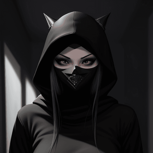 AI generated: In the dimly lit room, a female figure emerges, her face concealed by a sleek, black ski mask, The m...