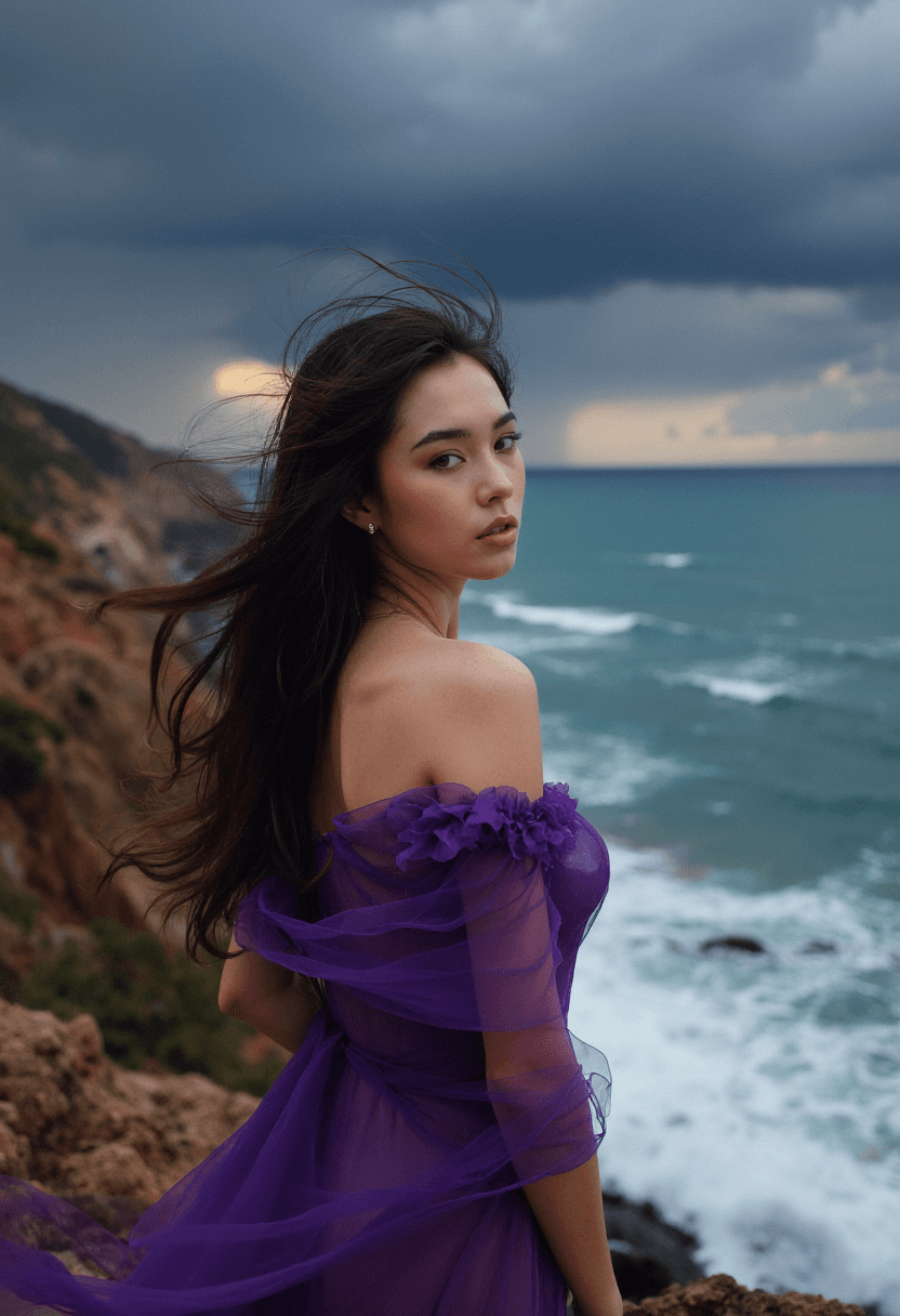 AI generated: A stunning young woman stands poised on the edge of a rugged coastline â her long, dark brown hair...