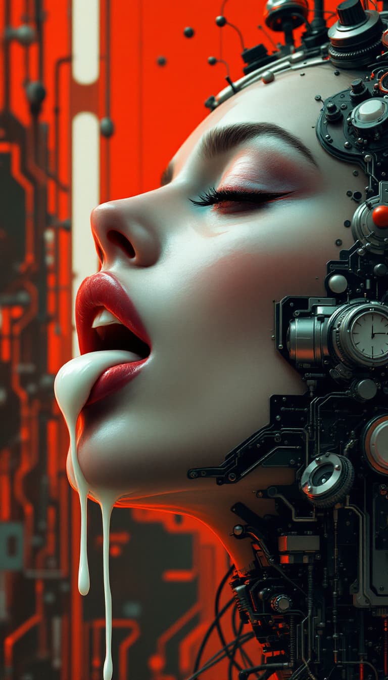 AI generated: A side view face of a beautiful European woman in the style of retro futuristic propaganda, her eyes...