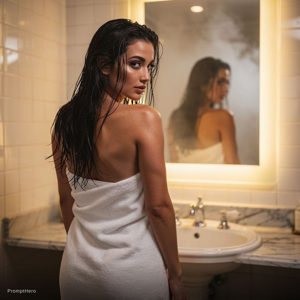 AI generated: A stunningly beautiful nude woman with long, wet, dark hair cascading down her back, standing in a l...
