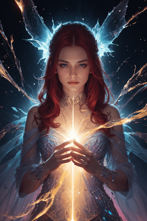 AI generated: glass textures, a woman with red hair in the style of Tamara de Lampe, mythical, breathtaking beauty...