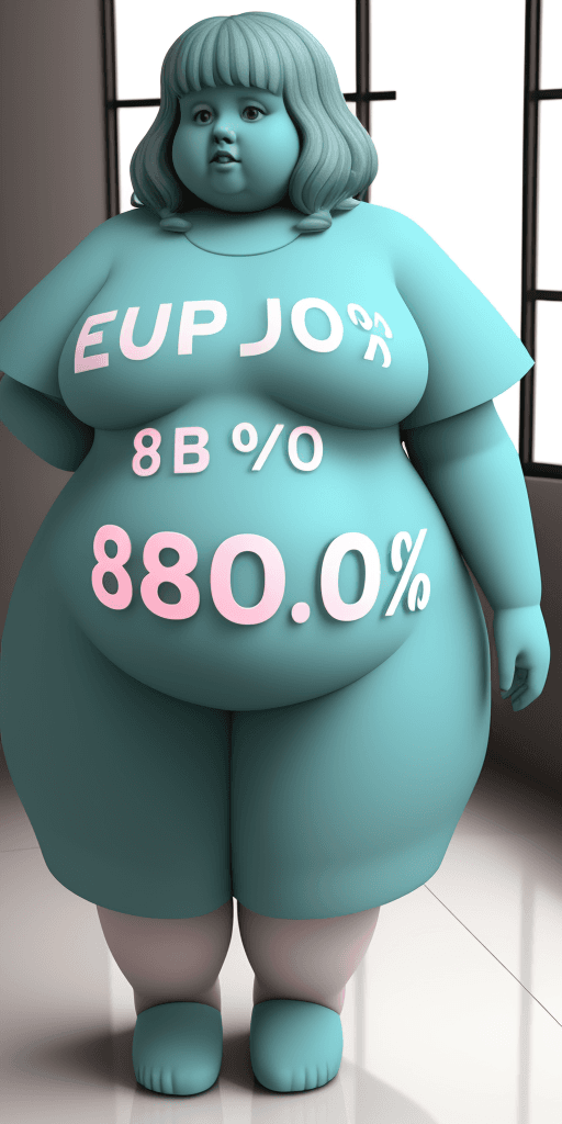 AI generated: An obese woman is in a room with a large 3D text saying 80% in front of her