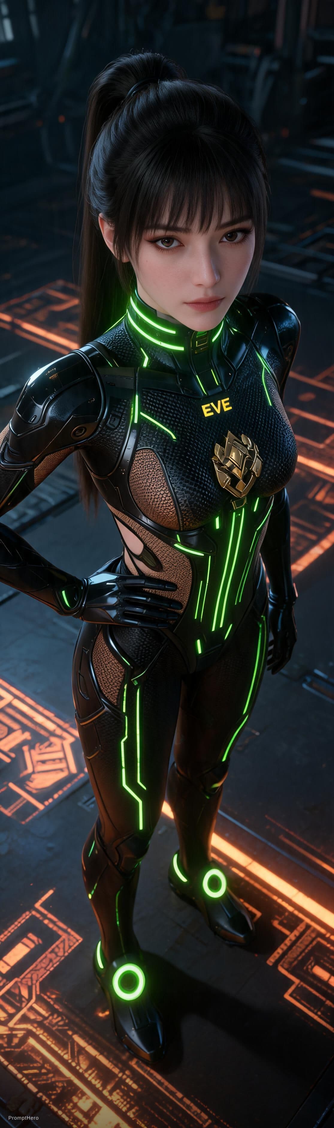 AI generated: This is a sleek and high-tech character portrait of a futuristic female warrior, captured with an in...