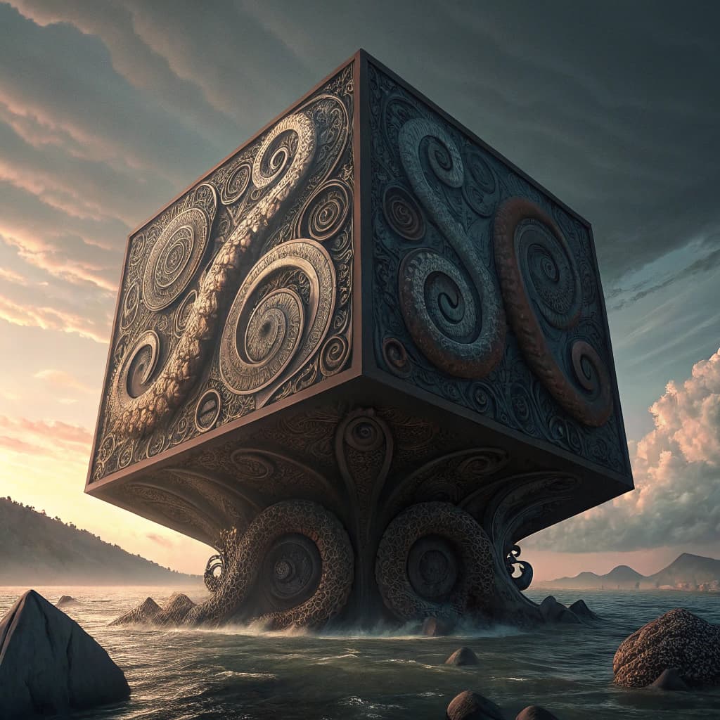 AI generated: psychedelic, surrealist abstract sculpture, floating cubic sculptures layered with elaborate swirlin...