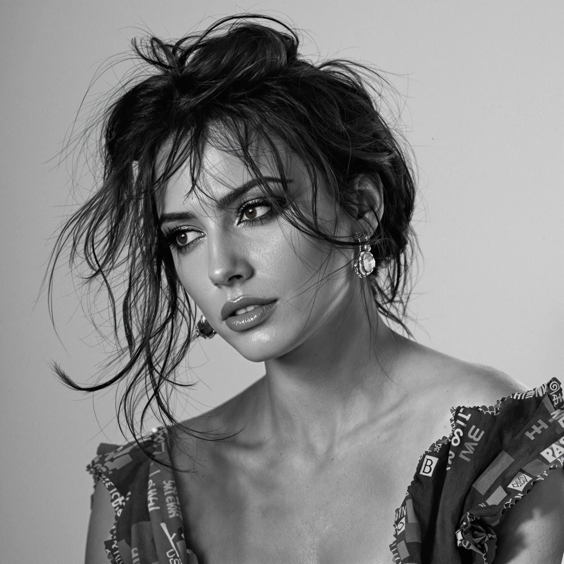AI generated: black and white photography, fashion editorial, a portrait of woman in studio
