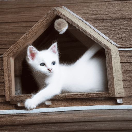 AI generated: beautiful white kitten in a dog house, studio photography, high resolution, Cinestill 50, clear focu...