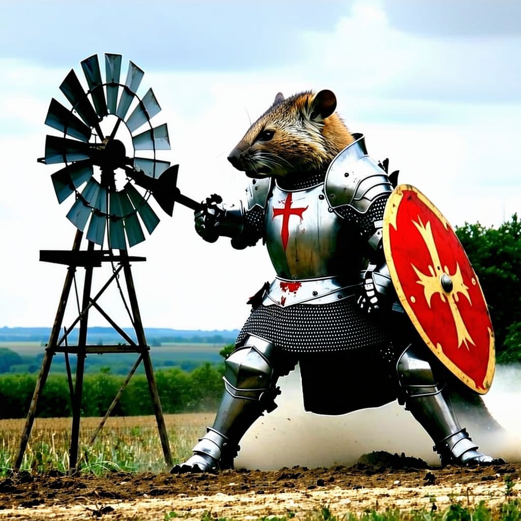 AI generated: a animal-faced knight  fighting a windmill
