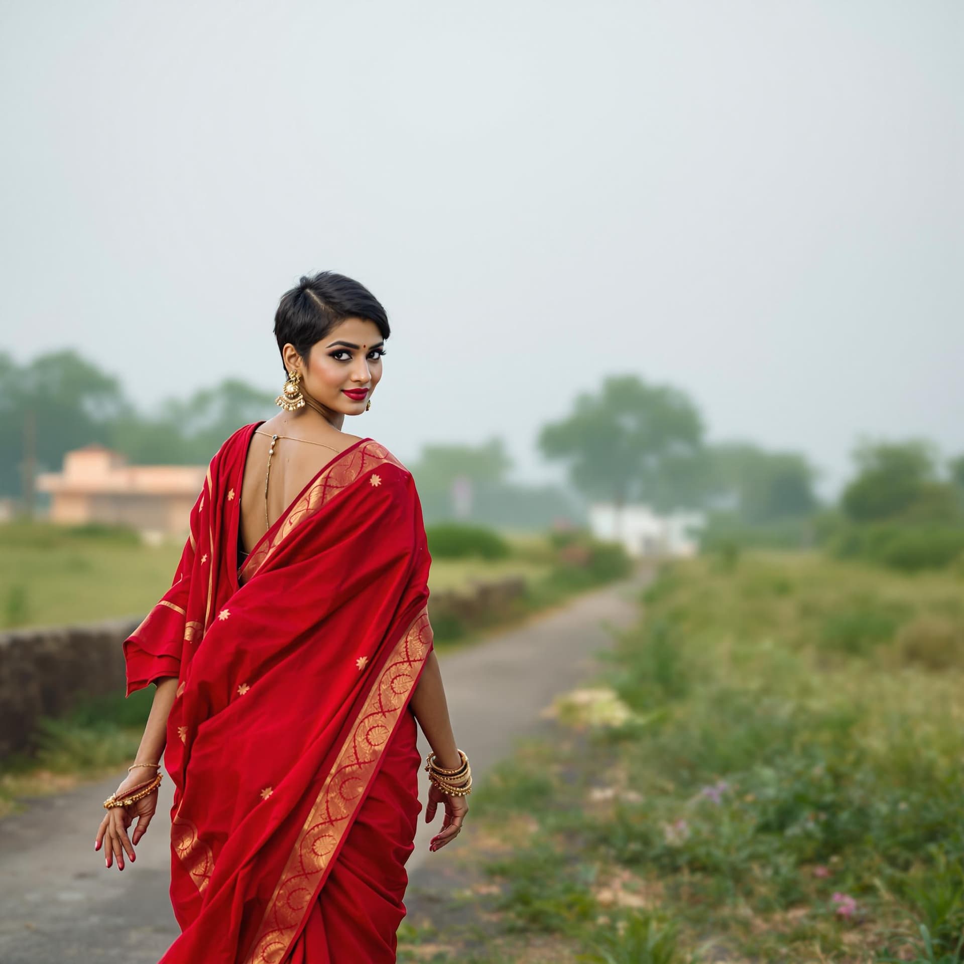 AI generated: a professional photograph of a beautiful Indian woman, short hair, wearing red saris, looking at cam...