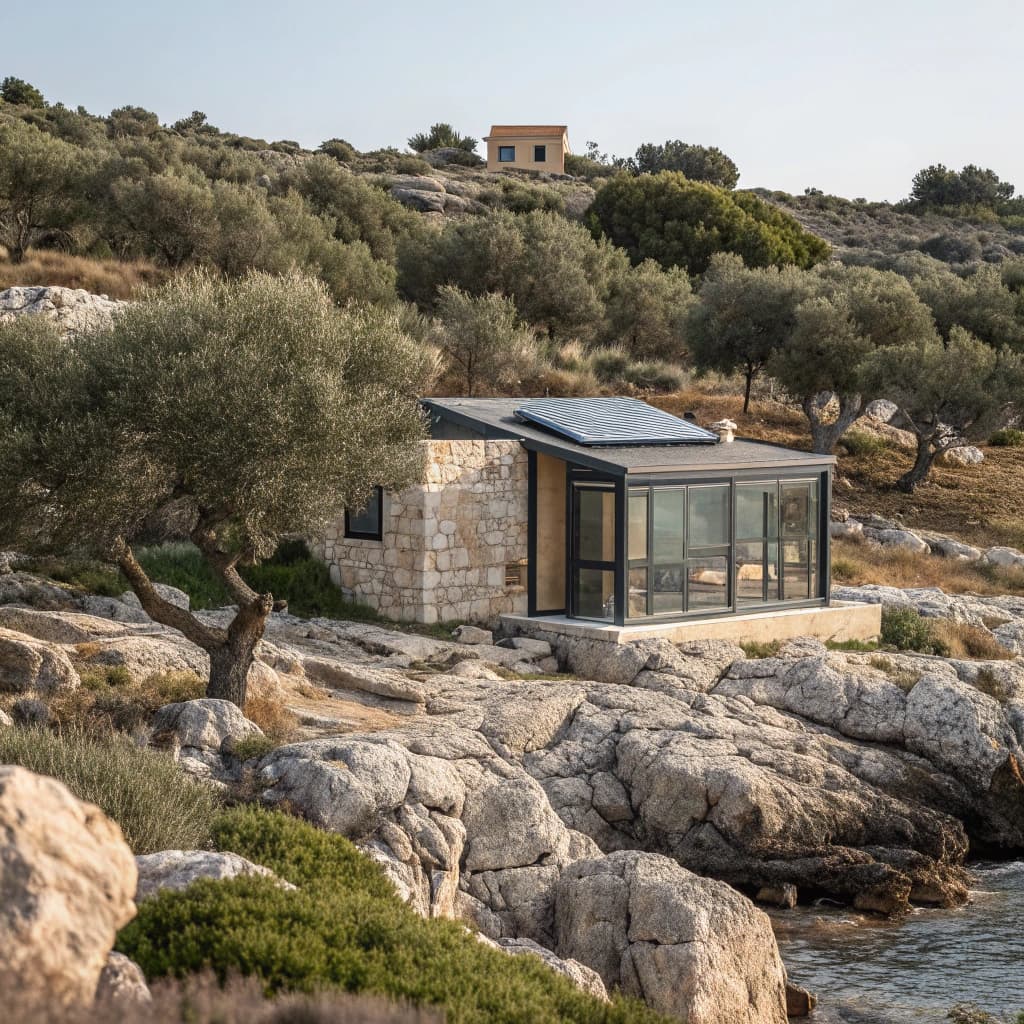 AI generated: A tiny futuristic house with a solar roof and a water desalination system located in a wild rocky se...